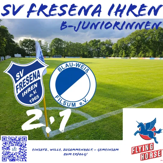 Spielgrafik der B-Juniorinnen von SV Fresena Ihren: Ergebnis 2:1 gegen Blau-Weiß Filsum auf einem Fußballplatz-Hintergrund.